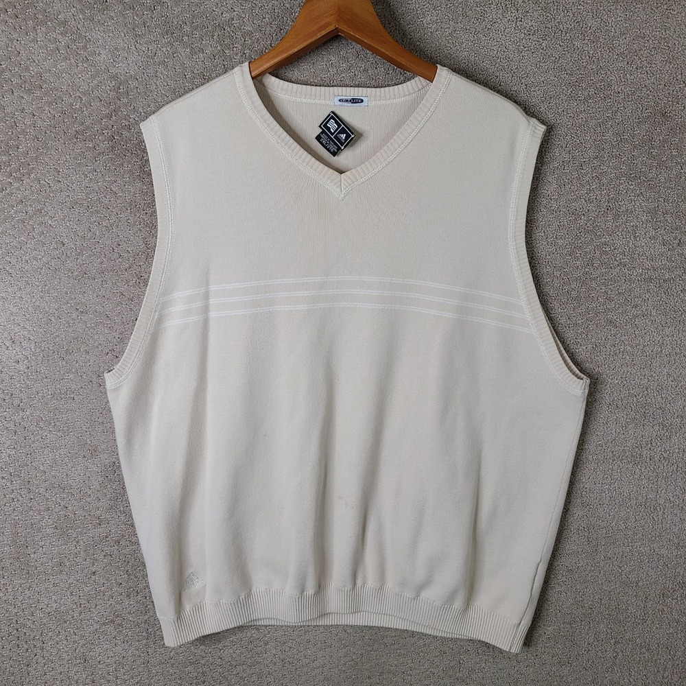 Vintage Adidas Sweater Vest Mens 2XL Beige Striped V Neck Climalite Cotton Blend